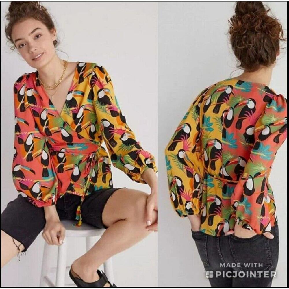 NWOT Farm Rio Anthropologie Rainforest Toucan Wrap Tropical Blouse Small